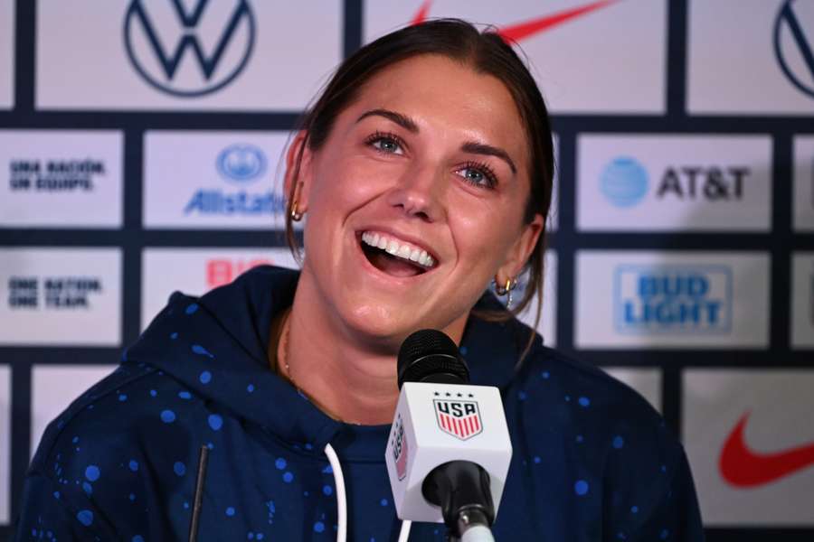USA's forward #13 Alex Morgan reacts during a press conference in Auckland