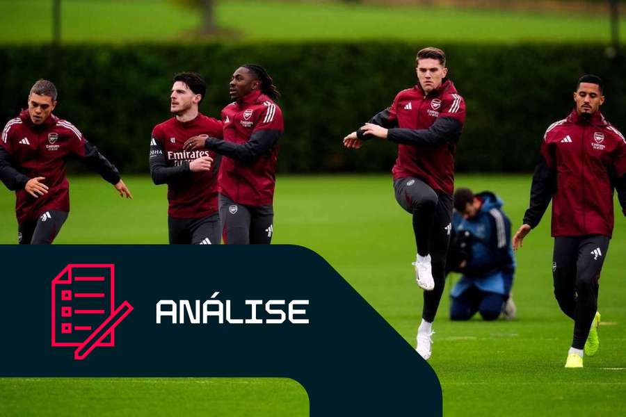 Leandro Trossard, Declan Rice, Eberechi Eze, Viktor Gyokeres e William Saliba durante o treino do Arsenal Leandro Trossard, Declan Rice, Eberechi Eze, Viktor Gyokeres e William Saliba durante o treino do Arsenal