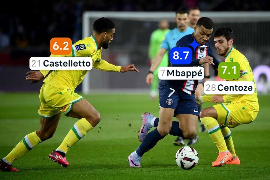 Mbappé tra Centonze e Castelletto durante una sfida tra il  Psg e il Nantes