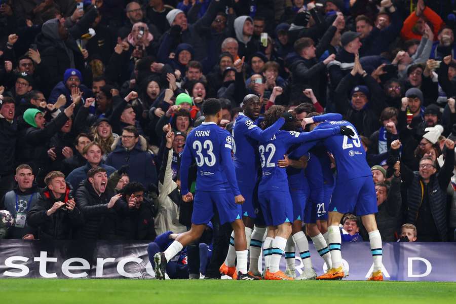 Chelsea and their supporters celebrate a goal against Dortmund
