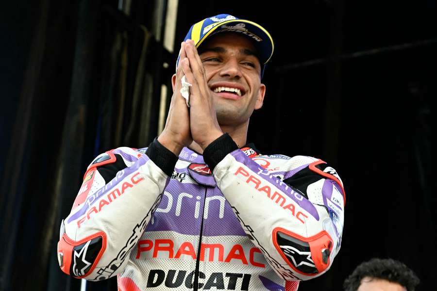 Ducati rider Jorge Martin celebrates winning the sprint race of the MotoGP Valencia Grand Prix