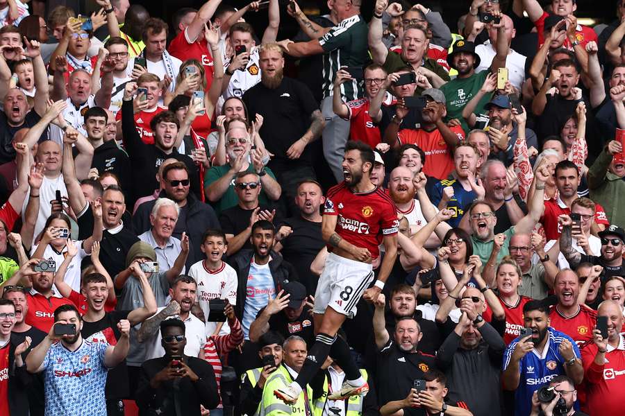 Manchester United midfielder Bruno Fernandes celebrates after scoring his team's third goal