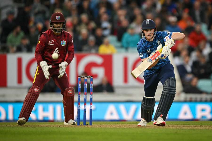 England's Harry Brook eyes the ball as he bats against West Indies