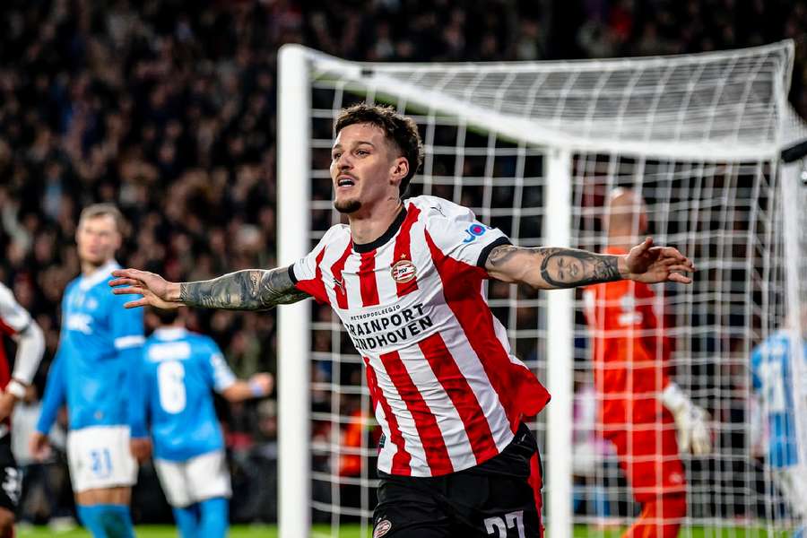 PSV's Dennis Man celebrates scoring against Napoli PSV's Dennis Man celebrates scoring against Napoli