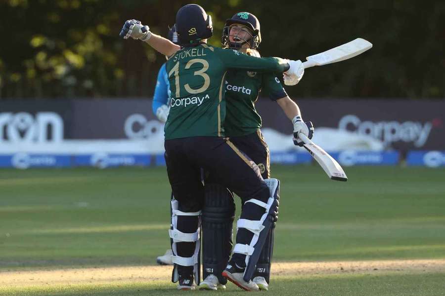 Ireland's Rebecca Stokell (l) and Alana Dalzell celebrate after winning the game