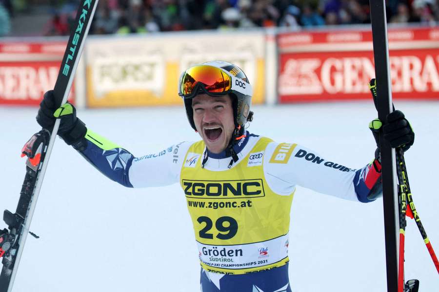 Zabystran celebrates after his run