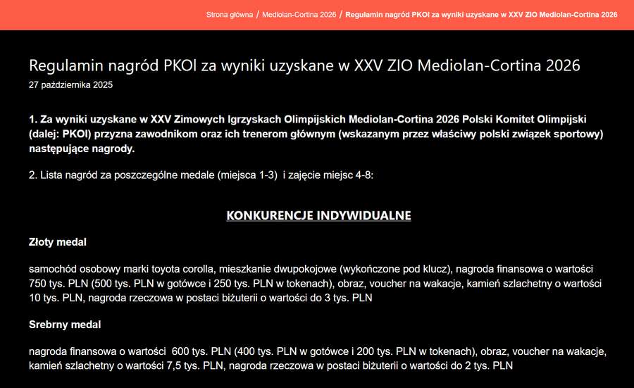 Zrzut ekranu - Regulamin nagród PKOl za wyniki uzyskane w XXV ZIO Mediolan-Cortina 2026