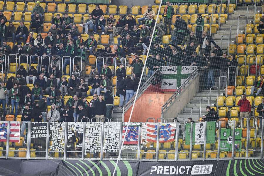 Kibice klubu Cercle przed meczem z Jagiellonią Białystok w Lidze Konferencji, 6 marca 2025 r., w Białymstoku. Kibice klubu Cercle przed meczem z Jagiellonią Białystok w Lidze Konferencji, 6 marca 2025 r., w Białymstoku.