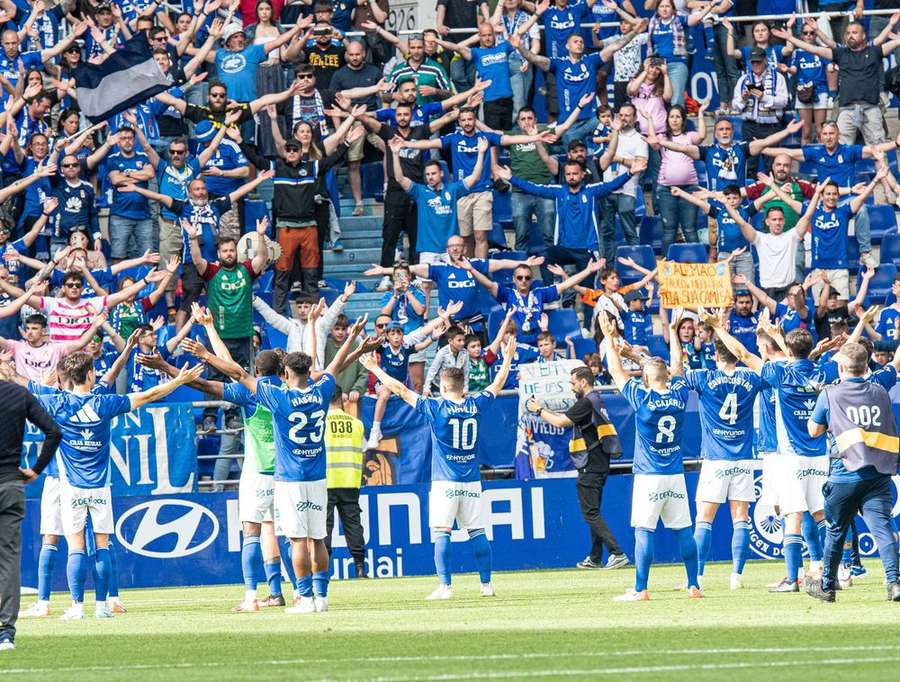 Real Oviedo celebrate in front of fans Real Oviedo celebrate in front of fans
