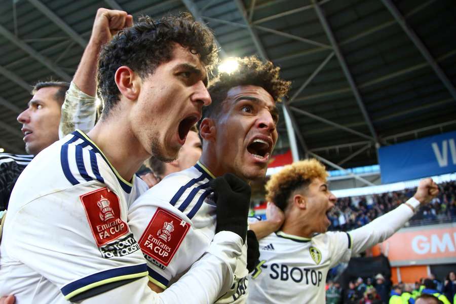 Perkins (L) and Rodrigo celebrate Leeds' late equaliser