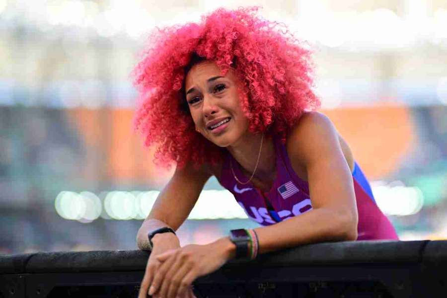 Taliyah Brooks reacts after failing to register a jump in the women's heptathlon long jump