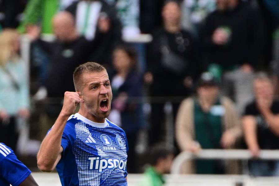 Kanonýr Sigmy Daniel Vašulín a jeho radost po vstřelené brance.