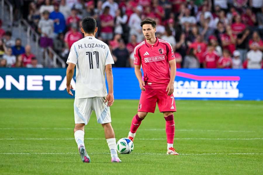 St. Louis City's Tomas Ostrak (right) during a match against San Diego