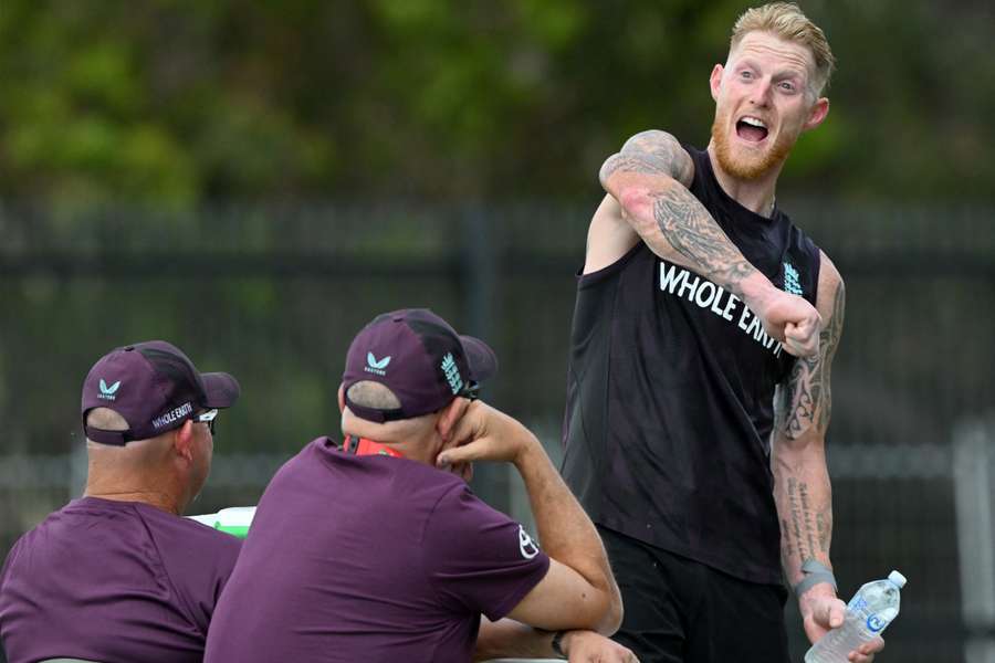 Ben Stokes jokes with coaching staff during England's matchday eve training session.
