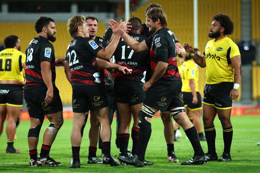 James O'Connor and Ethan Blackadder celebrate the weekend victory over the Hurricanes.