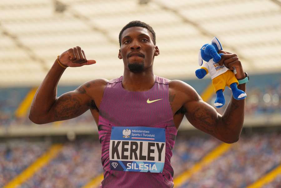 Fred Kerley celebrates after winning the men's 100m at the 2024 Diamond League