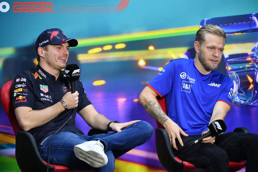 Red Bull Racing's Dutch driver Max Verstappen and Haas F1 Team's Danish driver Kevin Magnussen