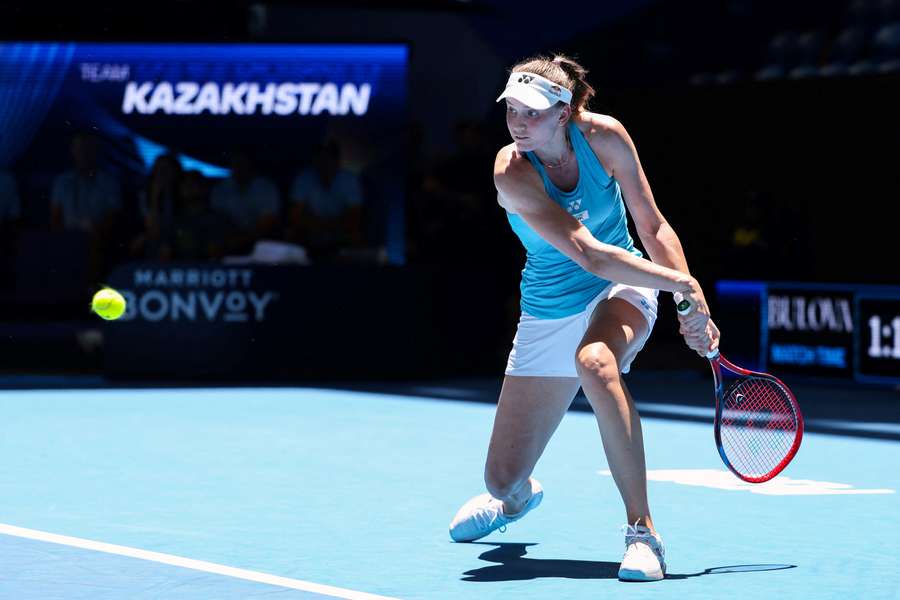 Kazakhstan's Elena Rybakina hits a return to Spain's Jessica Bouzas Maneiro during their women's singles match at the United Cup in Perth