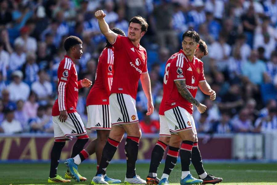 Manchester United's Harry Maguire (centre) celebrates a goal