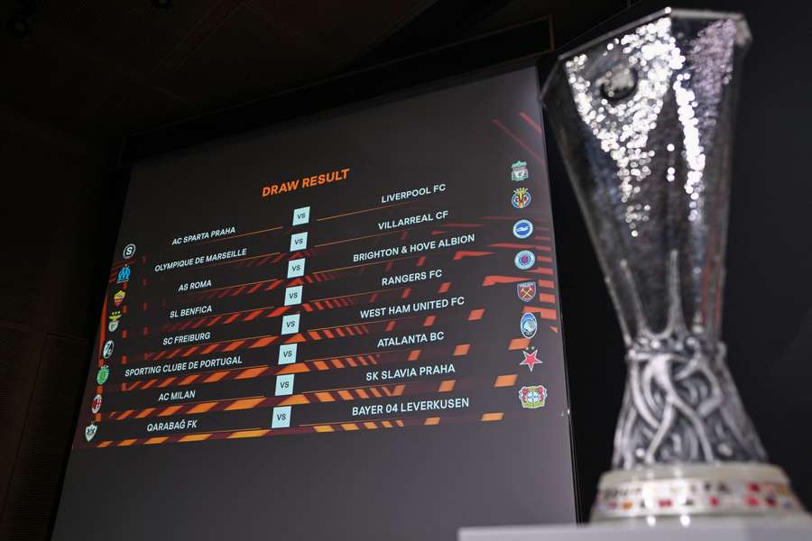 The Europa League trophy alongside the final draw