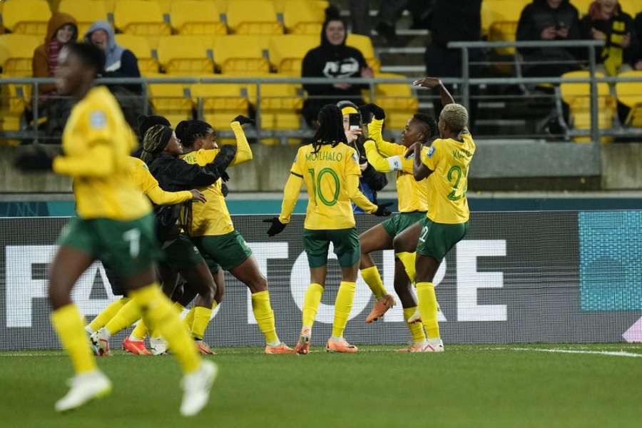 South Africa's players celebrate their opening goal