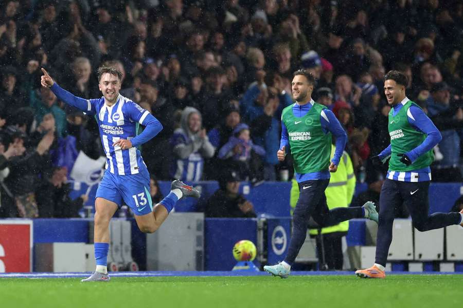 Jack Hinshelwood celebrates giving Brighton the lead over Brentford