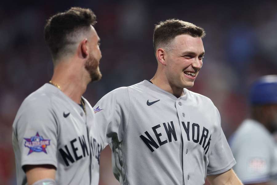 Yankees' Cody Bellinger (left) and Ben Rice (right) celebrate after scoring during 2026 MLB All-Star Game