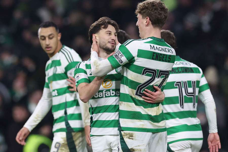 Nicolas Kühn celebrates scoring Celtic's third goal against St Mirren