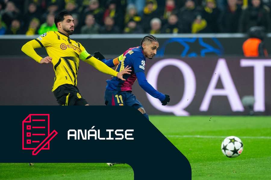 Raphinha, do Barcelona, marca o primeiro golo da sua equipa contra o Dortmund durante a fase de grupos da Liga dos Campeões 2024/25