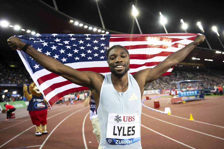 Noah Lyles of the United States celebrates after winning the 200m Men during the World Athletics Diamond League