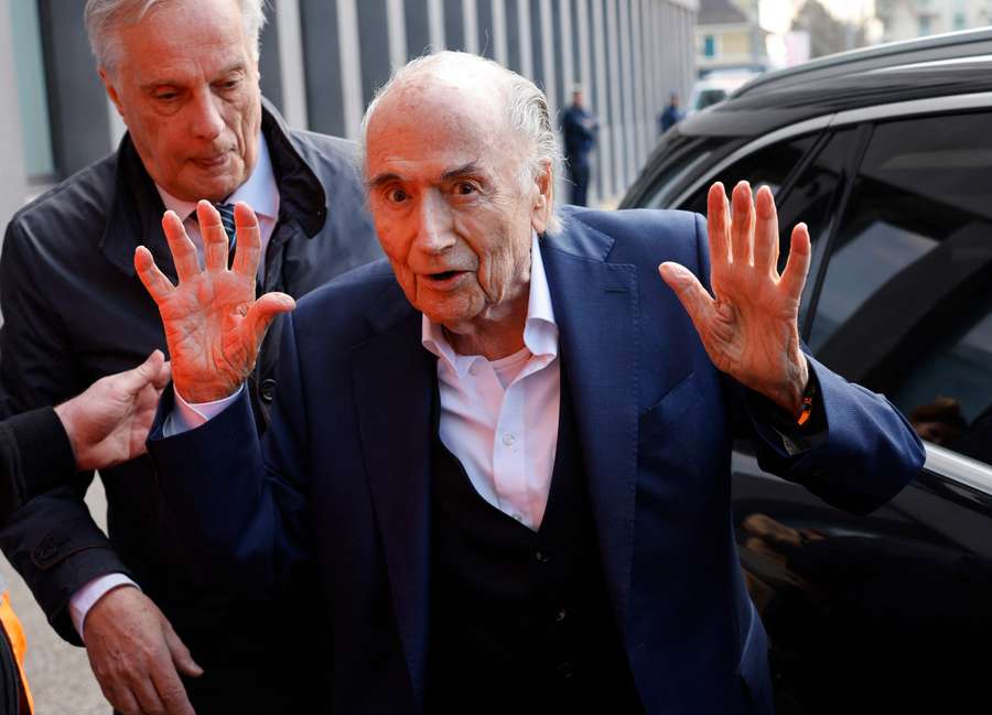 Former FIFA President Sepp Blatter arrives at the tribunal for the verdict on corruption charges against him in Muttenz