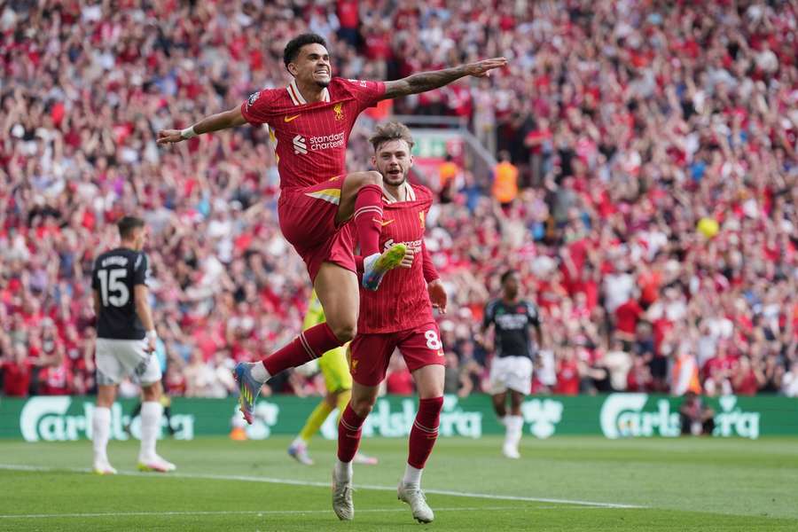Liverpool's Luis Diaz celebrates after scoring his side's second goal against Arsenal on Sunday, May 11, 2025.
