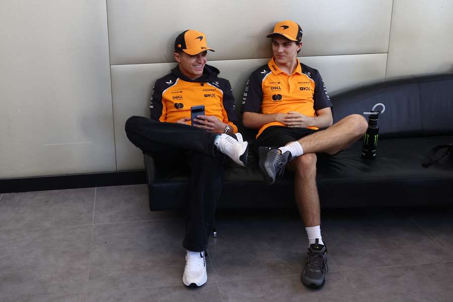 McLaren's Lando Norris and Oscar Piastri before a press conference ahead of the Abu Dhabi Grand Prix