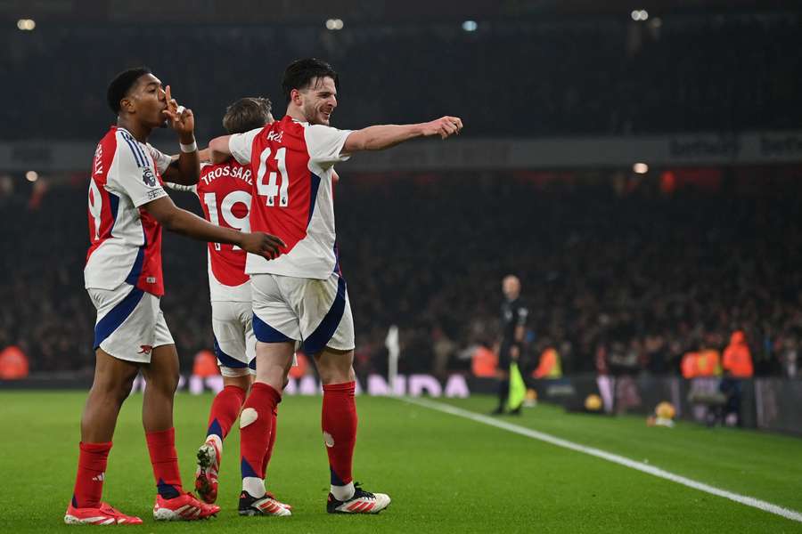 Arsenal celebrate Leandro Trossard's goal which proved the difference at the Emirates