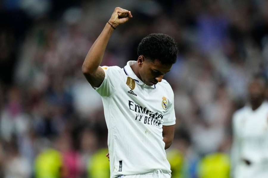 Rodrygo raises fist in a tribute to Vinicius Jr after scoring against Rayo Vallecano
