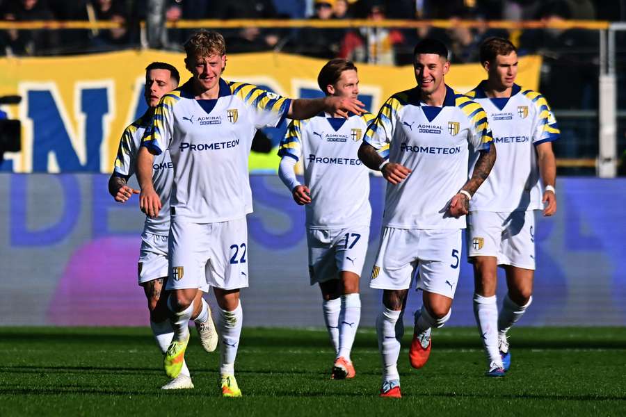 Oliver Sorensen, left, celebrates his eventual winner for Parma