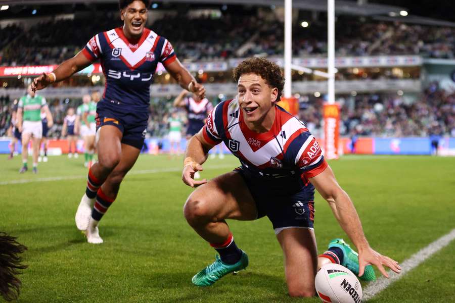 Sydney's Mark Nawaqanitawase celebrates a try scored during their win over Canberra. Sydney's Mark Nawaqanitawase celebrates a try scored during their win over Canberra.