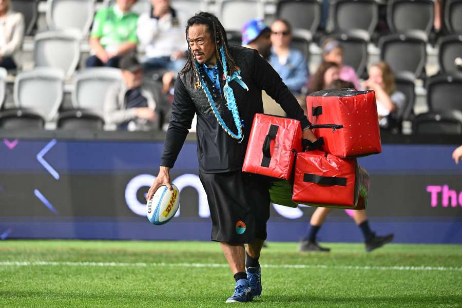 Moana Pasifika coach Tana Umaga oversees a pre-game warm-up in Christchurch on Sunday.