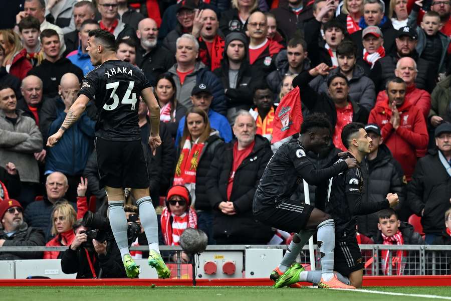 Arsenal's Brazilian midfielder Gabriel Martinelli celebrates scoring the opening goal against Liverpool