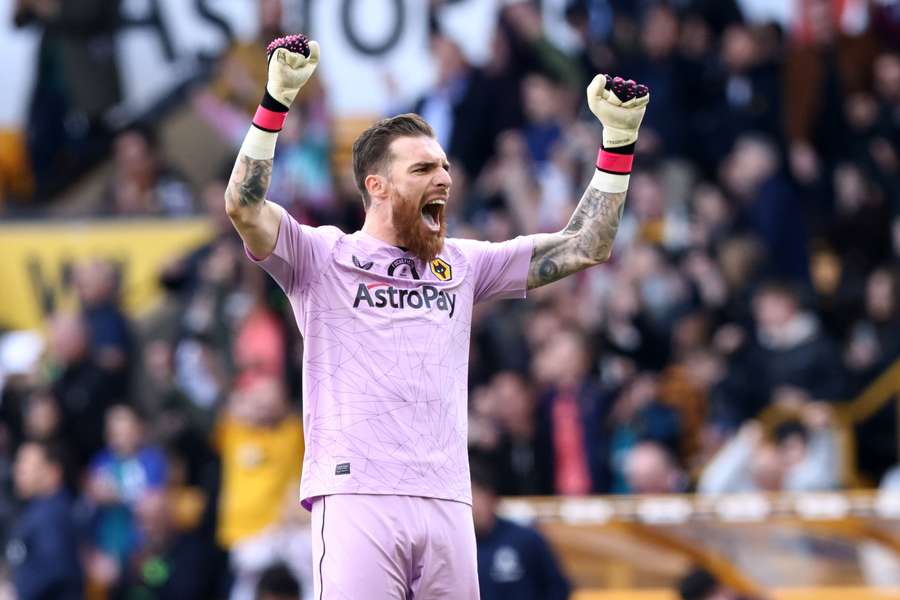 Wolverhampton Wanderers' Portuguese goalkeeper Jose Sa celebrates on the pitch after the English Premier League football match between Wolverhampton Wanderers and Chelsea