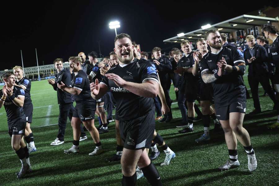 Murray McCallum applauds supporters after their victory over Exeter Chiefs at Kingston Park