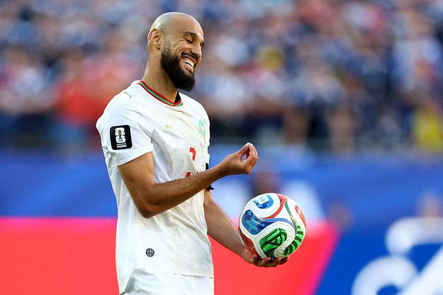 Morocco's Noussair Mazraoui reacts