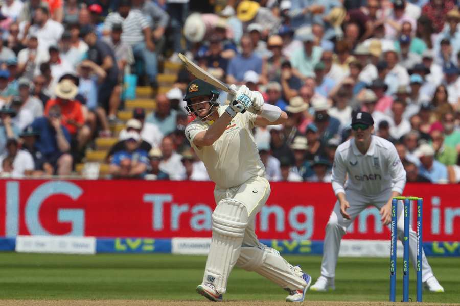 Australia's Steve Smith plays a shot on day two of the first Ashes cricket Test match between England and Australia