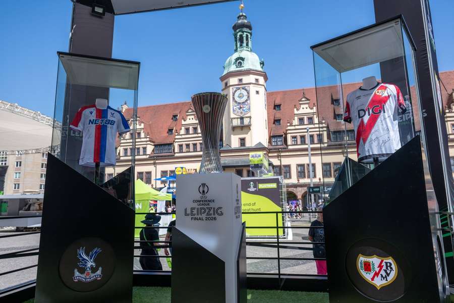 The Conference League trophy on show in Leipzig