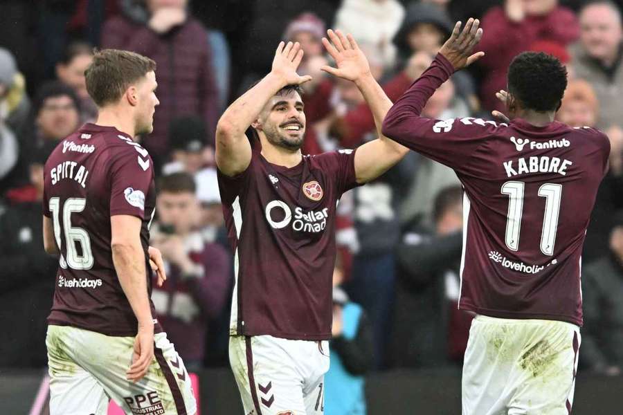 Claudio Braga of Hearts scores the opening goal Claudio Braga of Hearts scores the opening goal