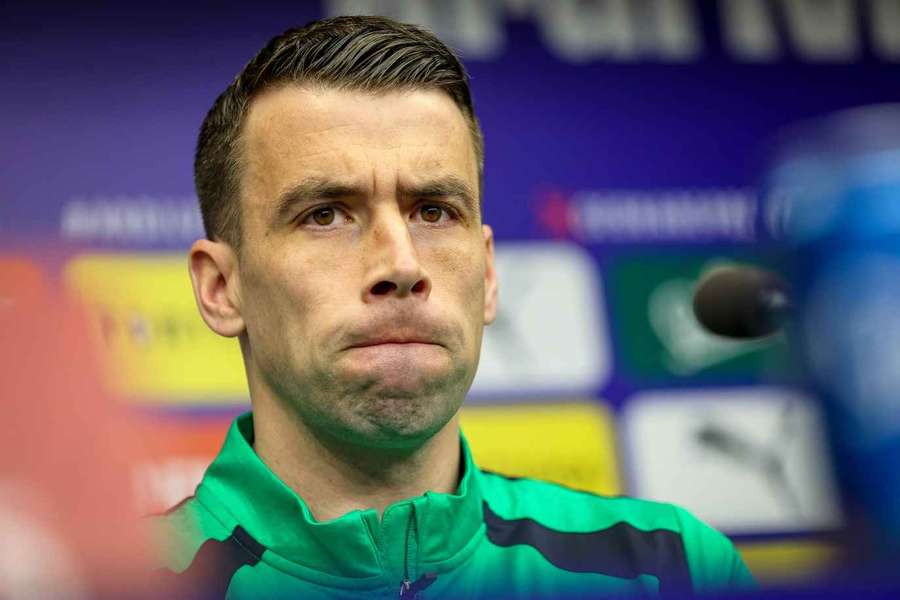Seamus Coleman speaks during a press conference