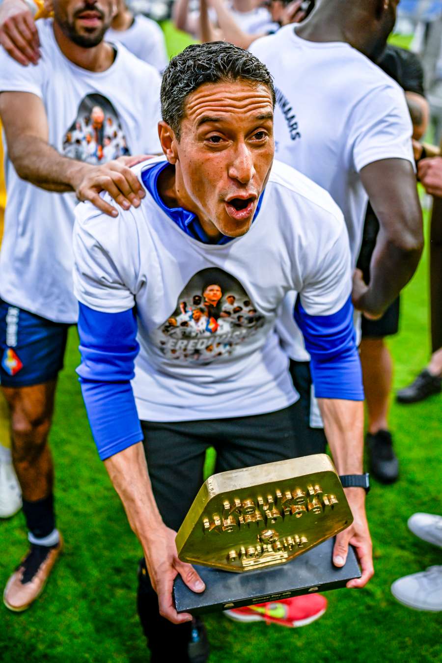 Telstar manager Anthony Correia celebrates winning the Golden Shield for winning the promotion play-offs