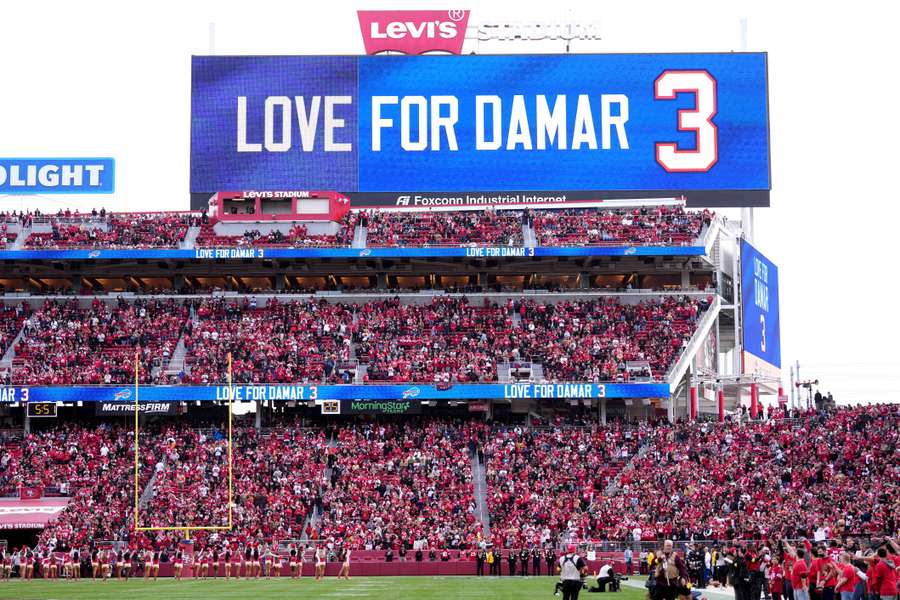 A message in support of Bills safety Damar Hamlin is shown before the game between the 49ers and Cardinals