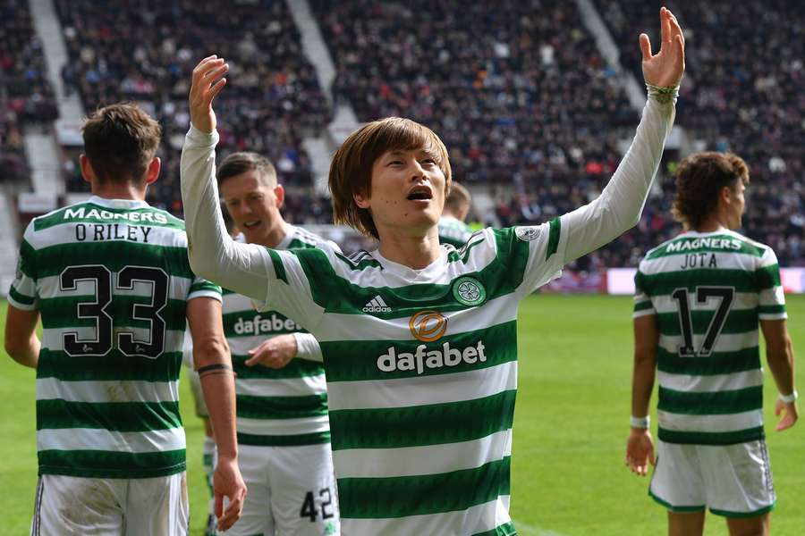 Kyogo Furuhashi of Celtic celebrates scoring his title-clinching goal