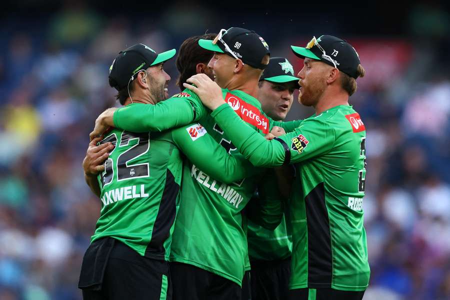 Glenn Maxwell and his Melbourne Stars teammates celebrate the wicket of Nikhil Chaudhury at the MCG on Thursday night. Glenn Maxwell and his Melbourne Stars teammates celebrate the wicket of Nikhil Chaudhury at the MCG on Thursday night.